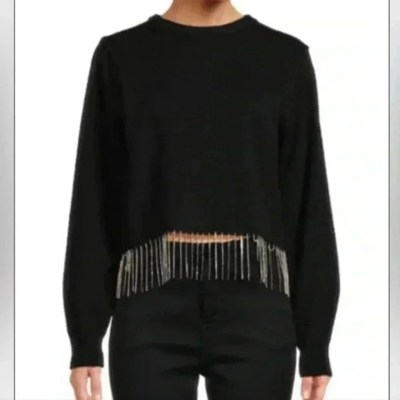 House of Harlow 1960 Sweaters - House Of Harlow 1960 Black Wool Mohair Blend Crop Sweater Rhinestone Fringe